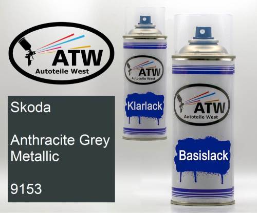 Skoda, Anthracite Grey Metallic, 9153: 400ml Sprühdose + 400ml Klarlack - Set, von ATW Autoteile West.